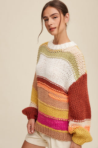 Open Mixed Knit Slouchy Hand Crochet Sweater Sweater