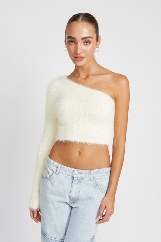 One shoulder fluffy crop sweater CREAM Sweater