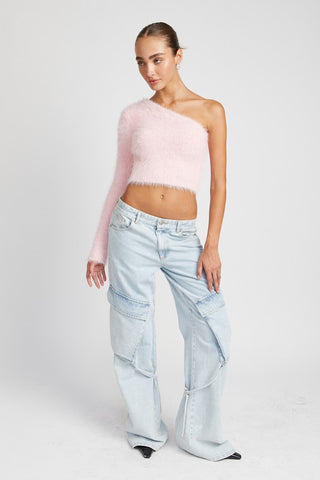 One shoulder fluffy crop sweater Sweater