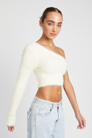 One shoulder fluffy crop sweater Sweater