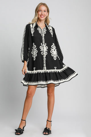 Umgee Border Print Button Down Ruffled Hem Dress Dress