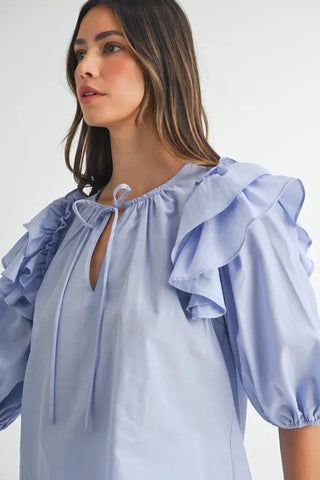 Stripe Ruffle Shoulder Puff Sleeve Blouse Blouse