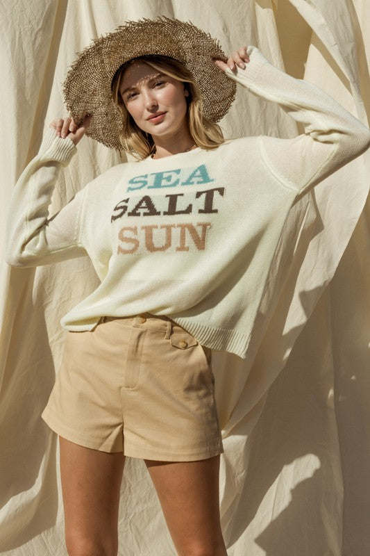 Round Neck Long Sleeve Sea Salt Sun Sweater White Sweater