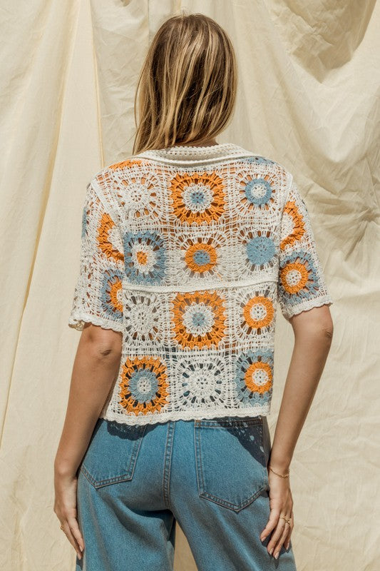 Short Sleeve Button Front Crochet Top top