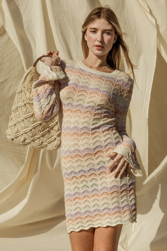 Round Neck Bell Sleeve Sweater Dress IVORY MULTI Dress