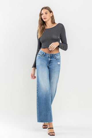 Mid Rise Raw Hem Wide Leg Jeans Jeans