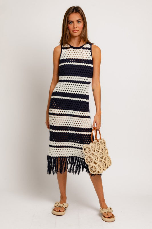 Sleeveless Crochet Effect Sweater Dress WHITE-NAVY STRIPE Dress