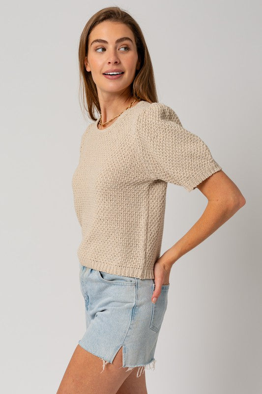 Puff Sleeve Round Neck Texture Sweater Top Sweater