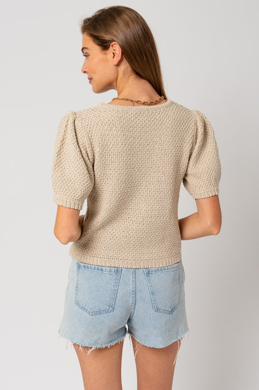 Puff Sleeve Round Neck Texture Sweater Top Sweater