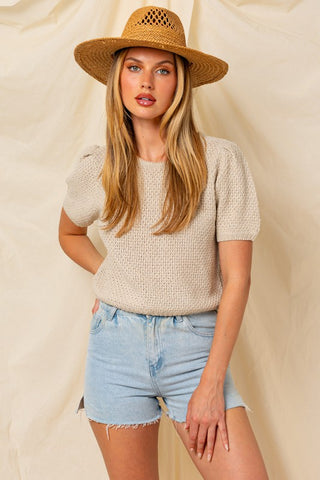 Puff Sleeve Round Neck Texture Sweater Top Sweater