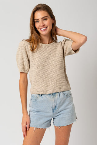 Puff Sleeve Round Neck Texture Sweater Top Sweater