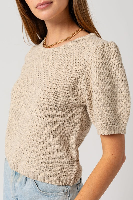 Puff Sleeve Round Neck Texture Sweater Top Sweater