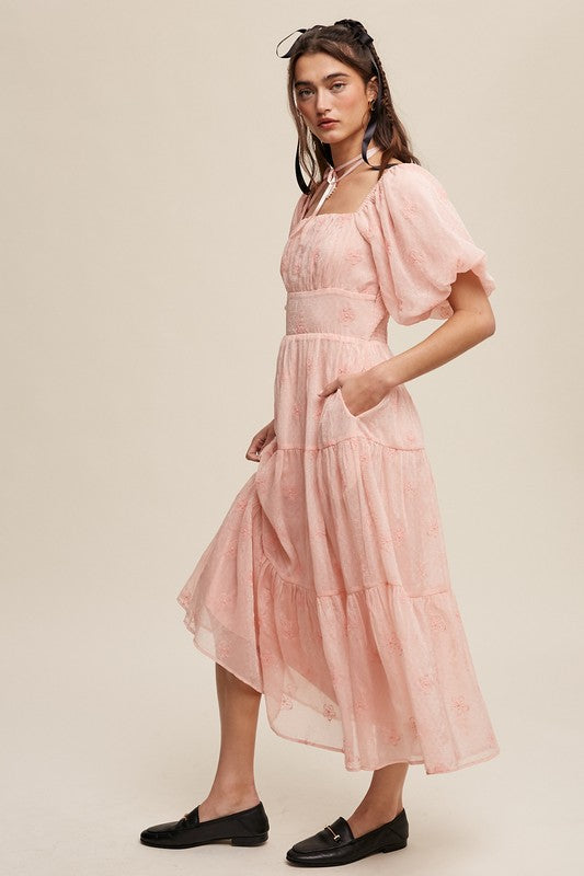 Flower Embroidered Puff Sleeve Tiered Maxi Dress Dress