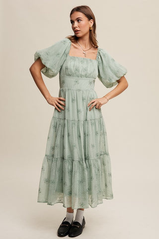 Flower Embroidered Puff Sleeve Tiered Maxi Dress Dress