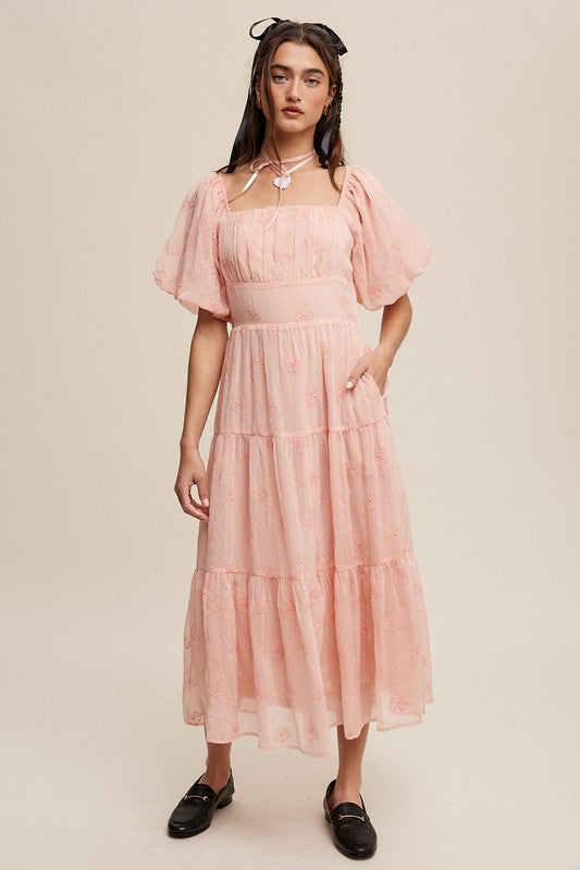 Flower Embroidered Puff Sleeve Tiered Maxi Dress Dress