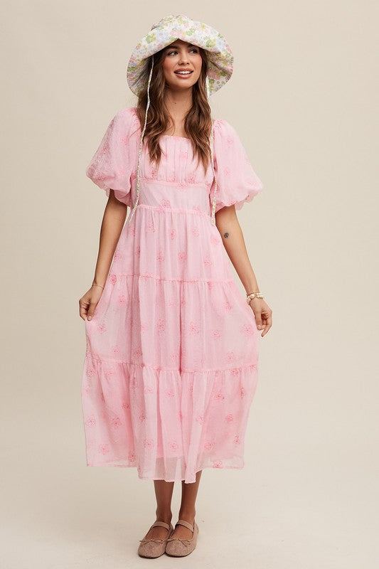 Flower Embroidered Puff Sleeve Tiered Maxi Dress Ballerina PInk Dress