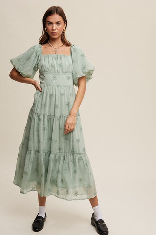 Flower Embroidered Puff Sleeve Tiered Maxi Dress Dress