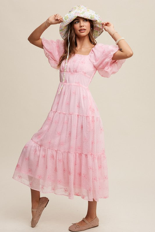 Flower Embroidered Puff Sleeve Tiered Maxi Dress Dress