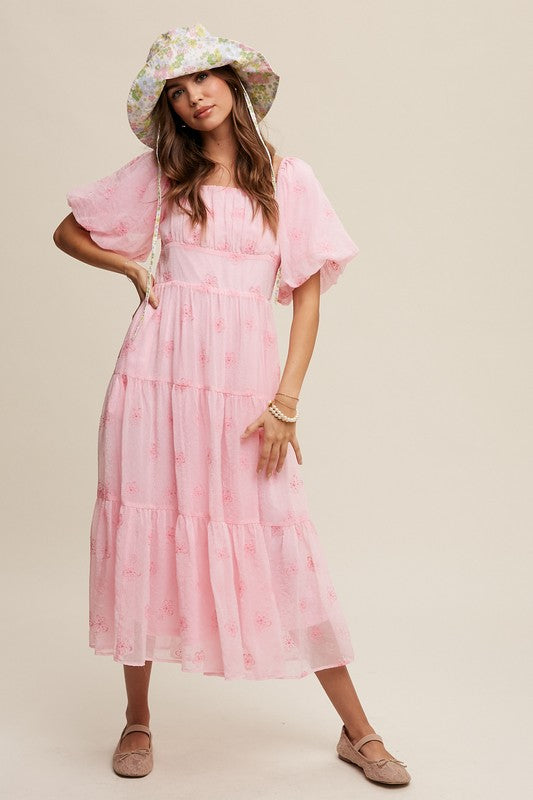 Flower Embroidered Puff Sleeve Tiered Maxi Dress Dress