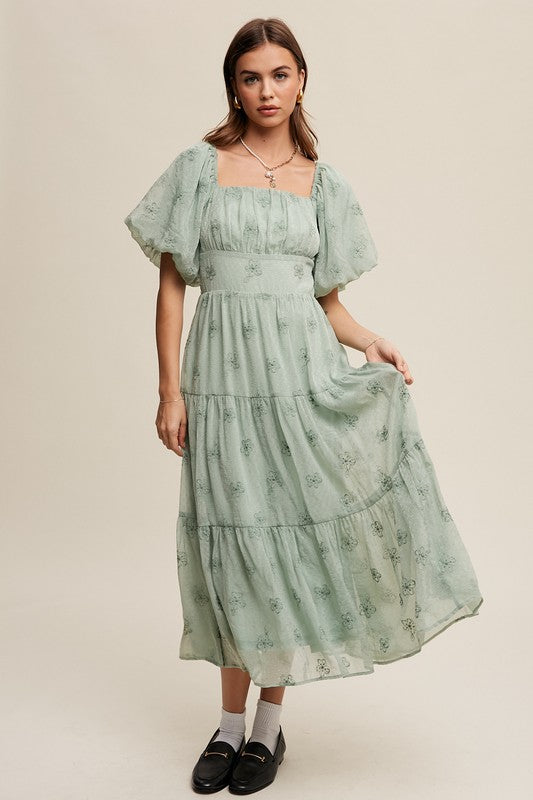Flower Embroidered Puff Sleeve Tiered Maxi Dress Green Lily Dress