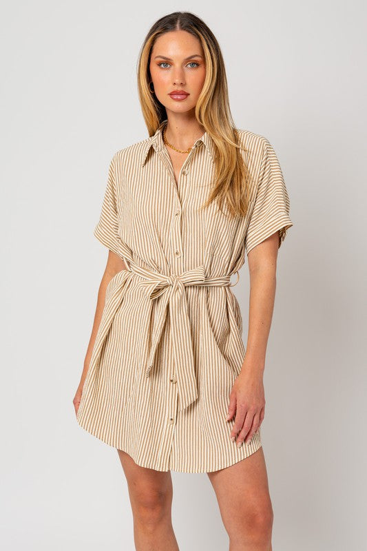 Half Sleeve Button Down Shirt Dress CREAM-TAUPE STRIPE Dress