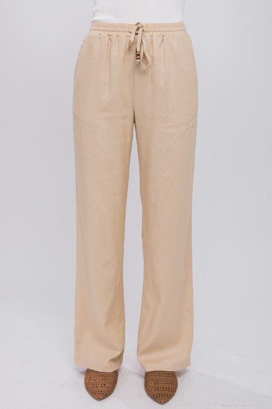 Linen Drawstring Waist Long Pants with Pockets KHAKI Linen Pants