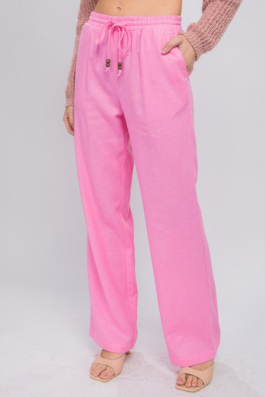 Linen Drawstring Waist Long Pants with Pockets PINK Linen Pants