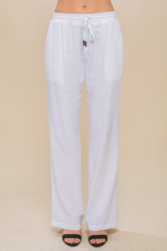 Linen Drawstring Waist Long Pants with Pockets WHITE Linen Pants