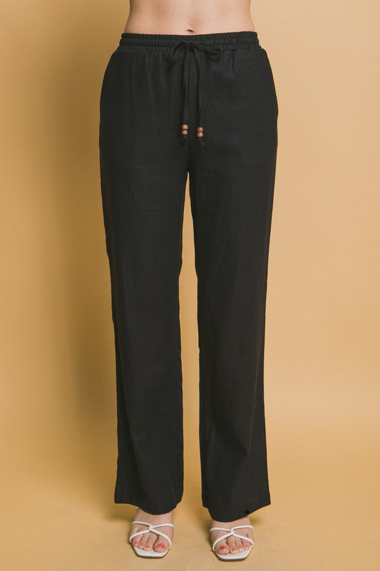 Linen Drawstring Waist Long Pants with Pockets BLACK Linen Pants