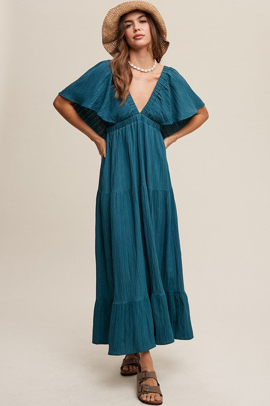 V-neck Ruffle Sleeve Flowy Vacation Dress Emerald Green Dress