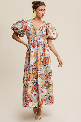 Flower Print Smocked V-neck Puff Sleeve Maxi Dress Dress