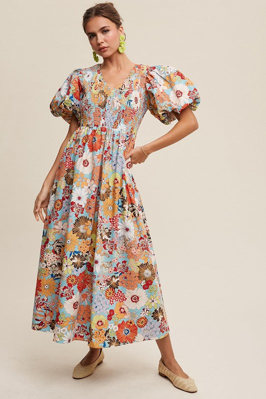 Flower Print Smocked V-neck Puff Sleeve Maxi Dress Dress