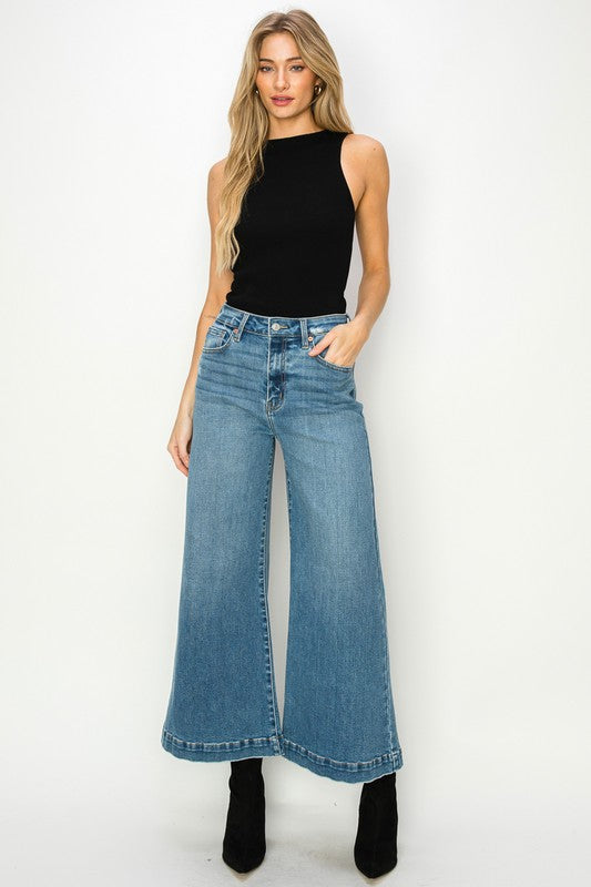 High Rise Crop Palazzo Denim Pants MEDIUM STONE WASH Denim pants