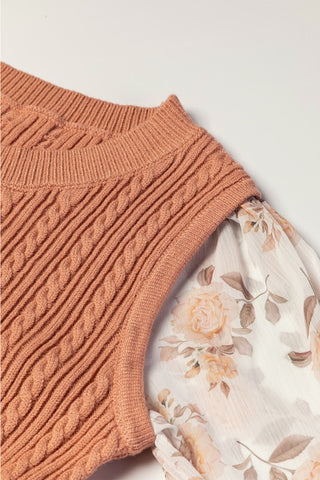 Floral Ruffle Cuff Sleeve Cable Knit Sweater Sweater