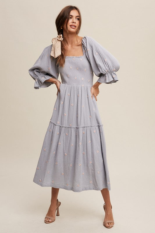 Ditzy Floral Embroidery Puff Sleeve Maxi Dress Steel Blue Dress