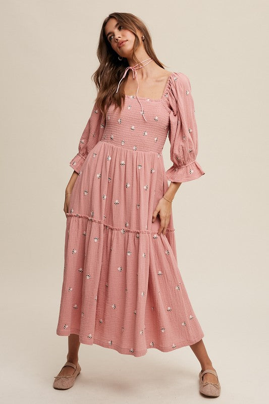 Ditzy Floral Embroidery Puff Sleeve Maxi Dress Deep Rose Dress