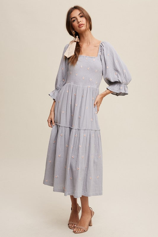 Ditzy Floral Embroidery Puff Sleeve Maxi Dress Dress