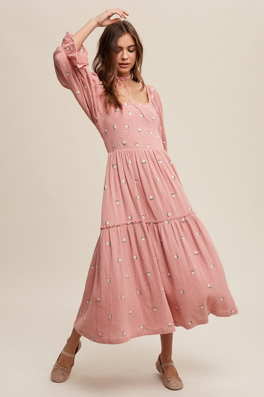 Ditzy Floral Embroidery Puff Sleeve Maxi Dress Dress