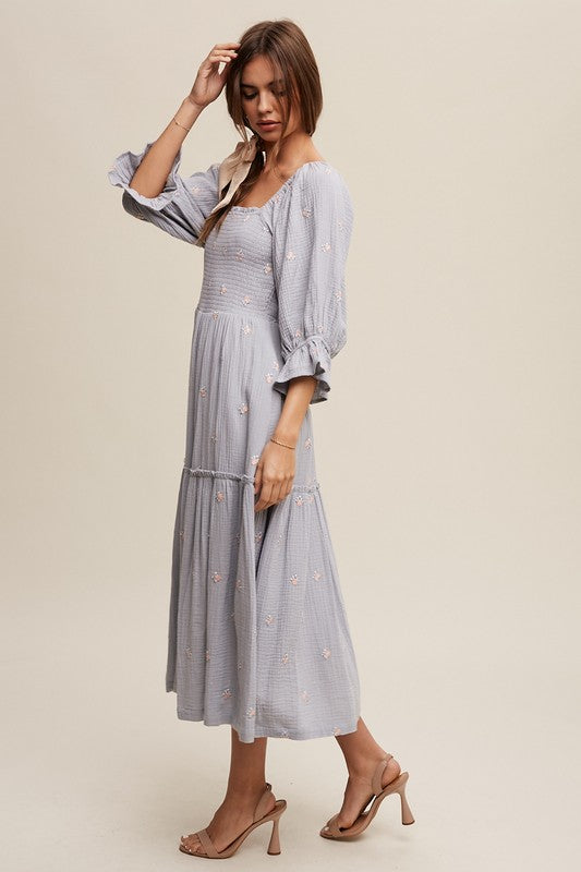 Ditzy Floral Embroidery Puff Sleeve Maxi Dress Dress