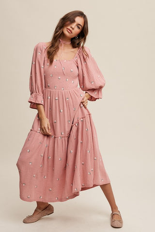 Ditzy Floral Embroidery Puff Sleeve Maxi Dress Dress