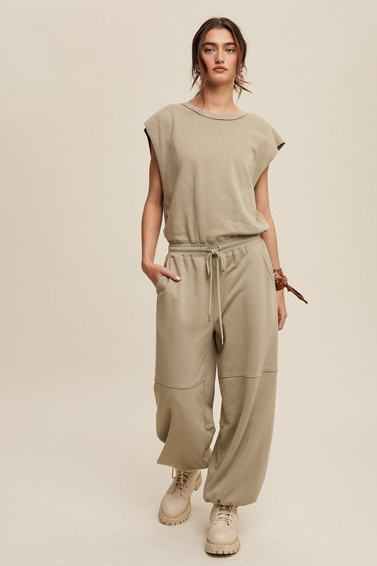 Athleisure French Terry Loose Jogger Jumpsuit Artichoke jummpsuit