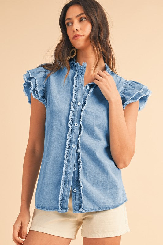 Button Front Ruffled Flutter Frayed Denim Top Top