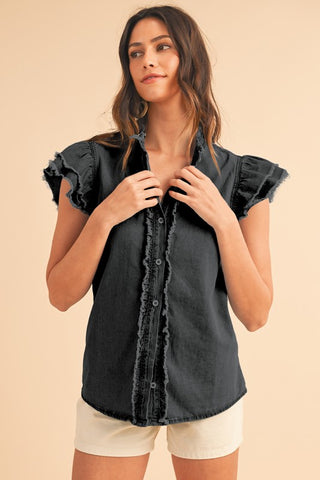 Button Front Ruffled Flutter Frayed Denim Top Top