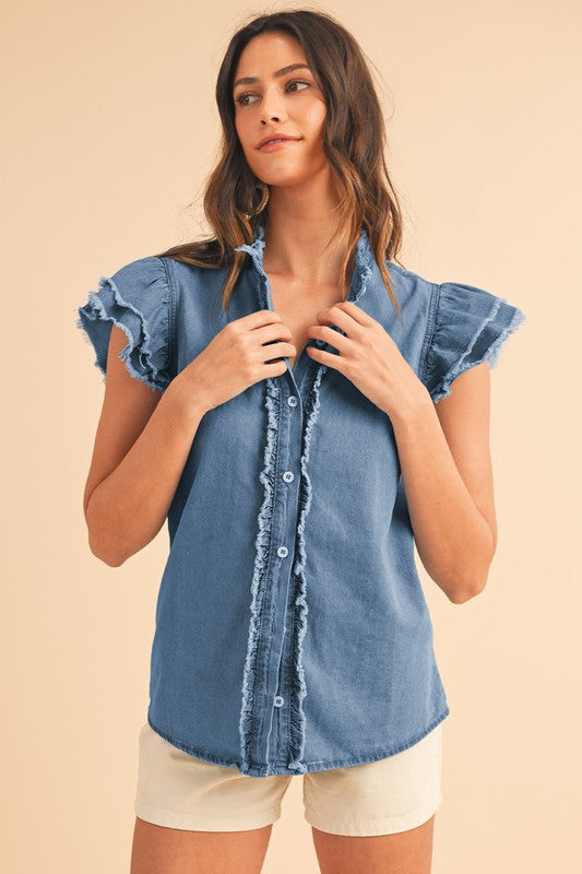 Button Front Ruffled Flutter Frayed Denim Top Top