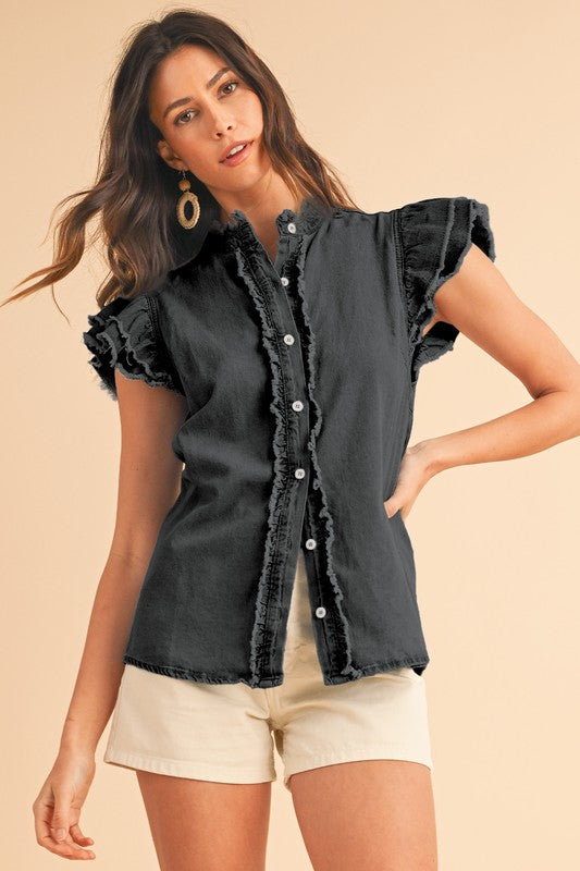 Button Front Ruffled Flutter Frayed Denim Top Top