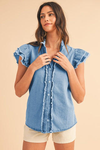 Button Front Ruffled Flutter Frayed Denim Top Top