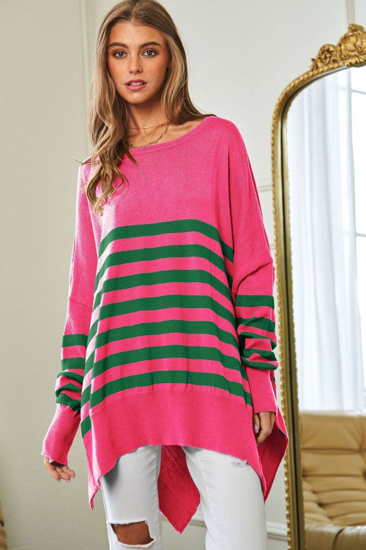 Multi Striped Elbow Patch Loose Fit Sweater Top Sweater