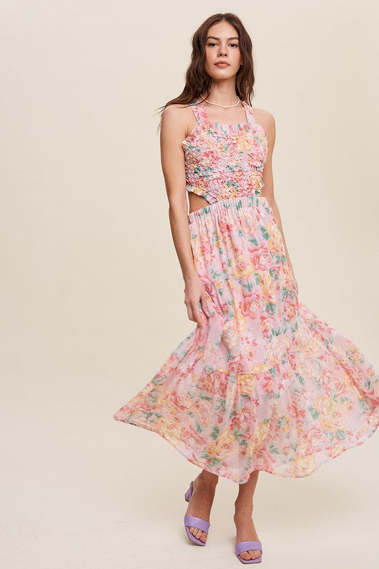 Floral Bubble Textured Two-Piece Style Maxi Dress Dress
