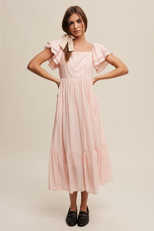 Square Neck Ruffled Short Sleeve Maxi Dress Peach Blush Dress