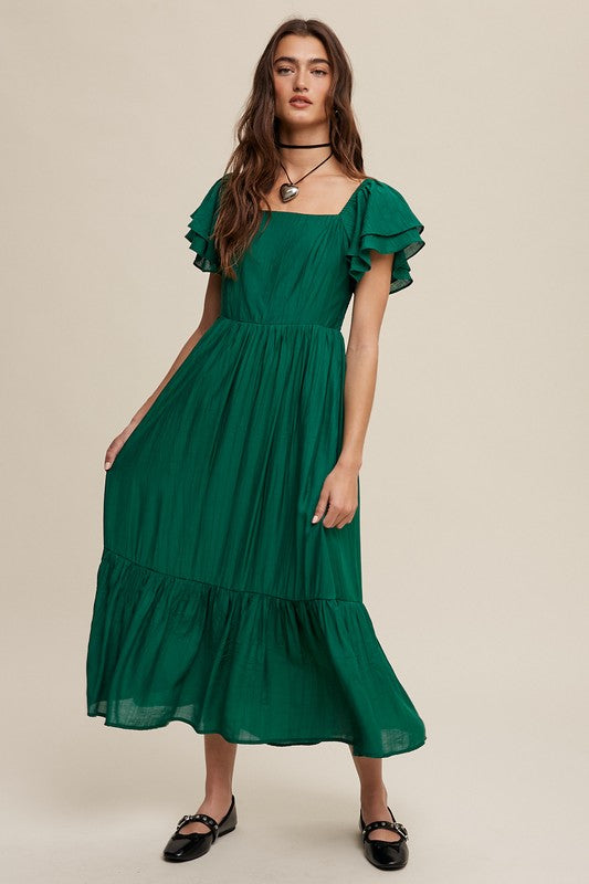 Square Neck Ruffled Short Sleeve Maxi Dress Dark Spring Green Dress
